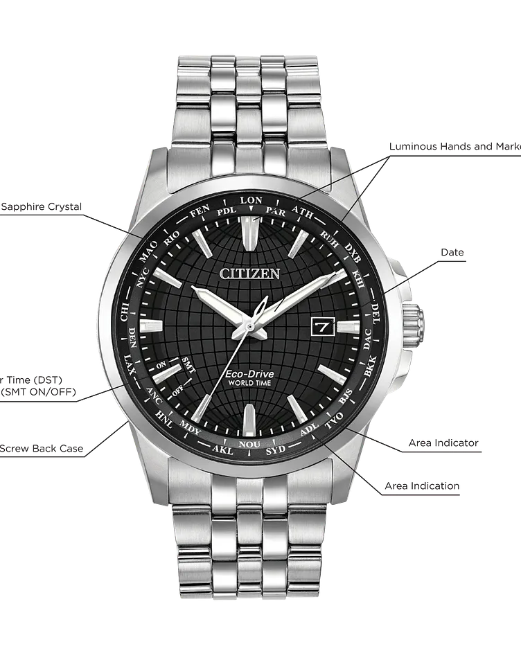 World Time Black Dial Stainless Steel Bracelet BX1000-57E | CITIZEN World Time Black Dial Stainless Steel Bracelet BX1000-57E | CITIZEN